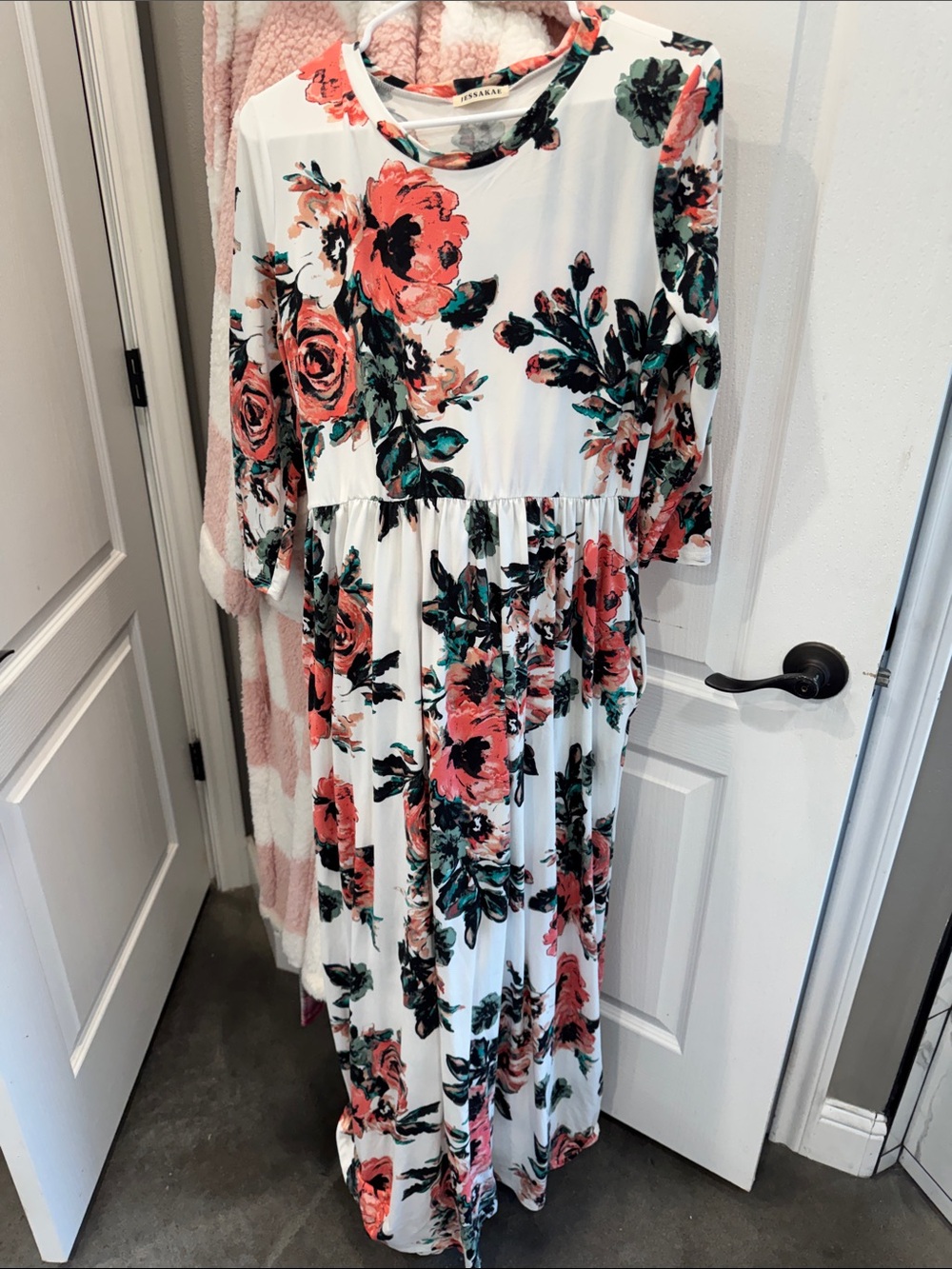 JessaKae White Maxi Dress with Coral and Green Floral Print